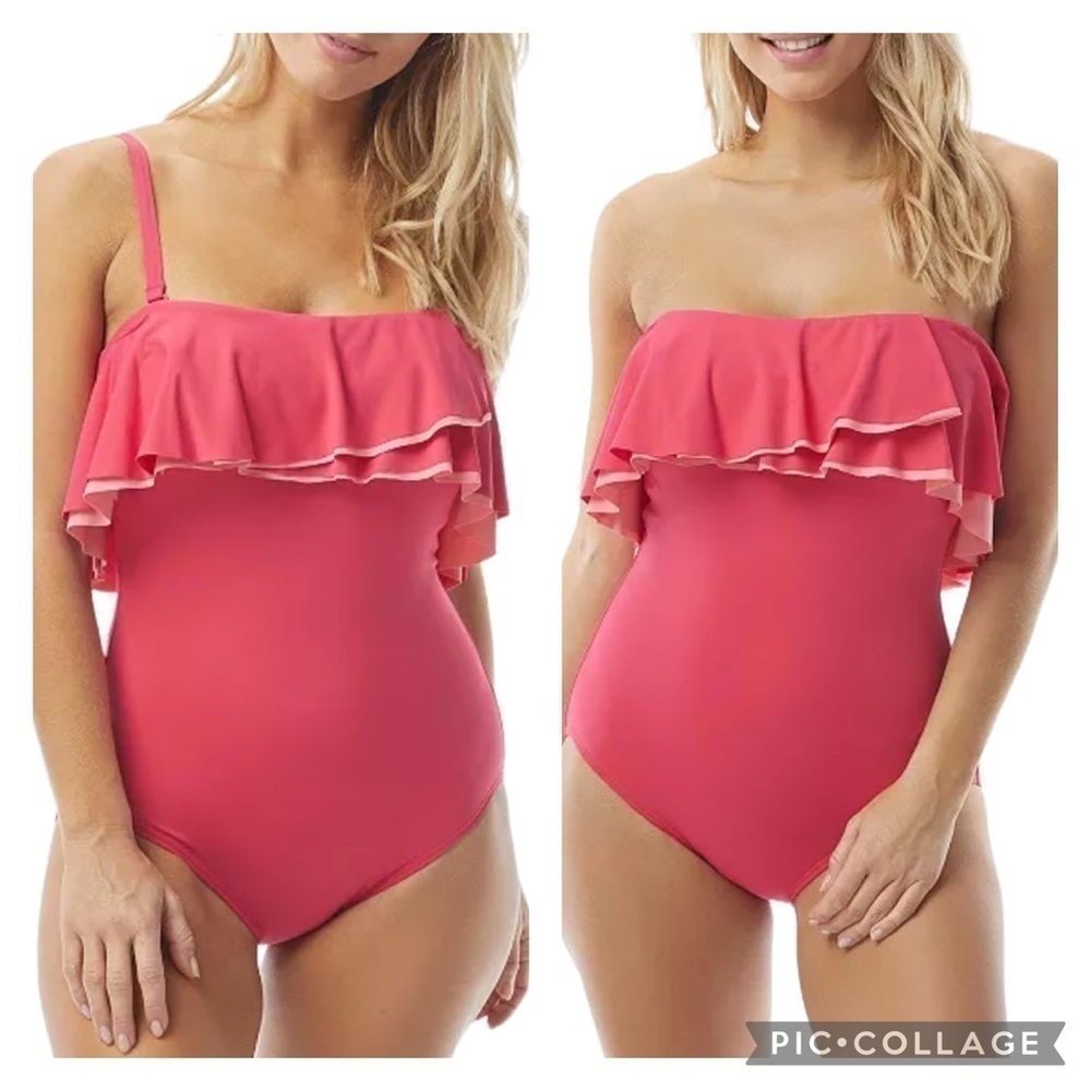 Coco Reef Womens Swim Pink Ruffle Tummy-Control One-Piece Swimsuit